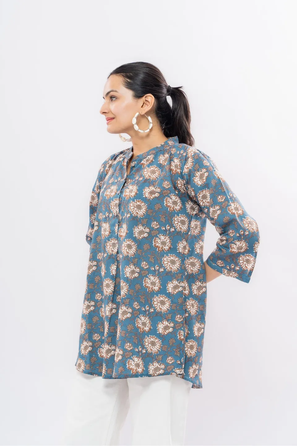 Ekisha's women blue designer multicolor printed cotton tunic top short kurti