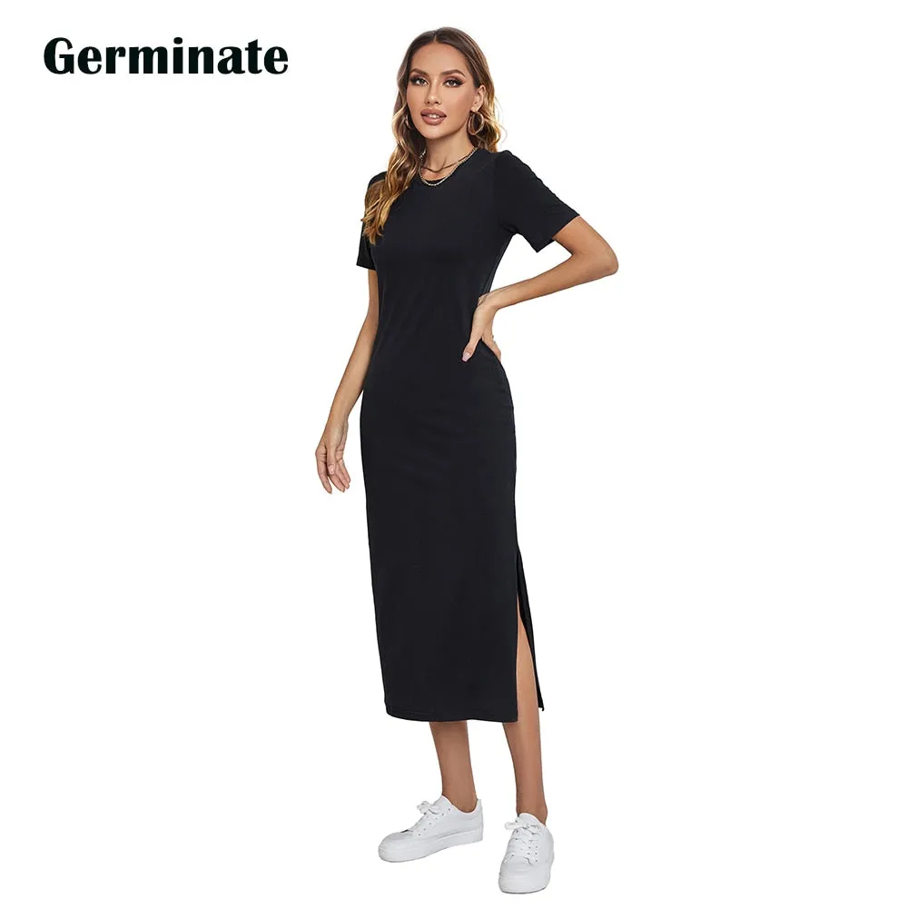 Elegant Black Maxi Dress with High Slit - Cotton Bodycon Summer Dress