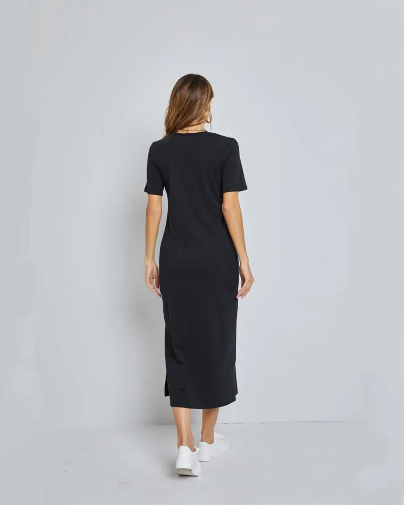 Elegant Black Maxi Dress with High Slit - Cotton Bodycon Summer Dress