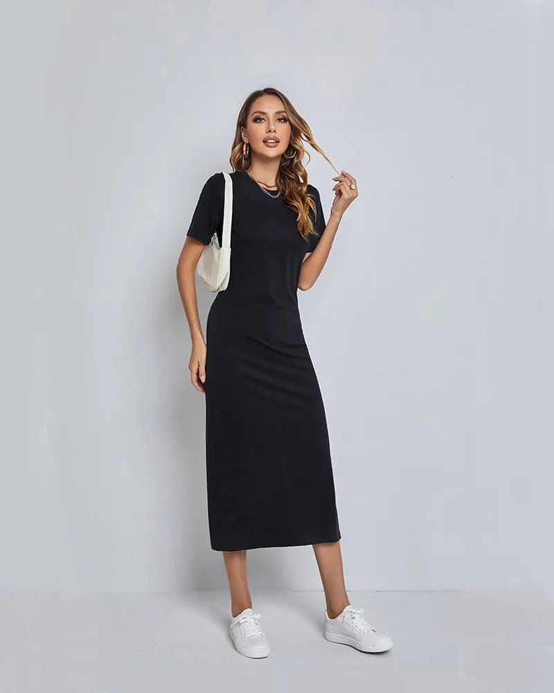 Elegant Black Maxi Dress with High Slit - Cotton Bodycon Summer Dress