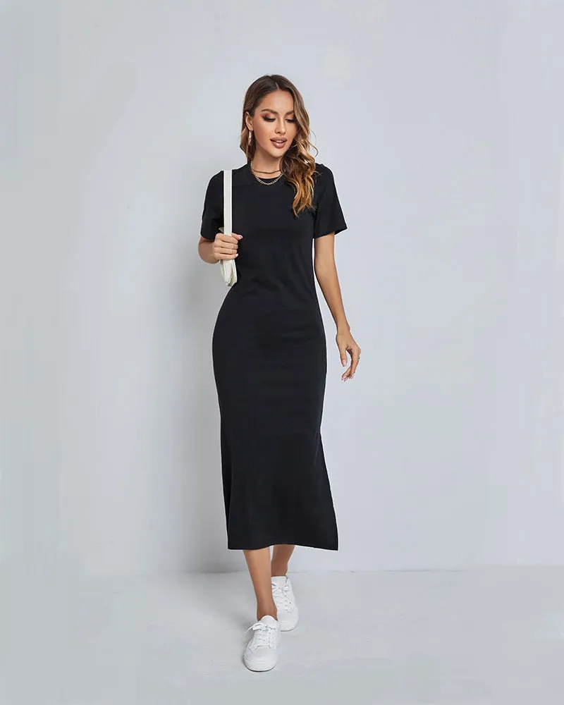 Elegant Black Maxi Dress with High Slit - Cotton Bodycon Summer Dress