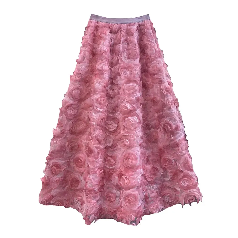 Elegant Long Skirts For Female High Waist Patchwork Florals Pink Mesh Midi Korean Style Women's Skirt Clothing