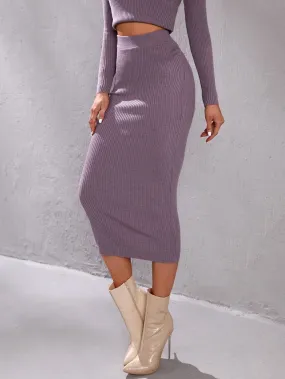 Elegant Plain Rib-Knit Natural Midi Women Sweater Skirt