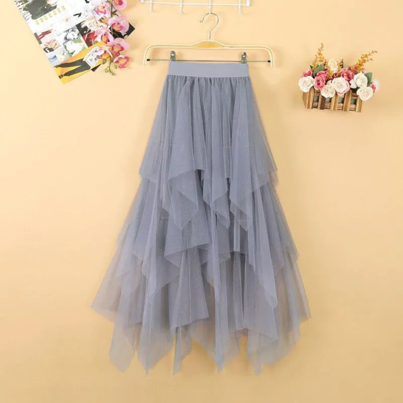 Elegant Women Ball Gown Tulle Skirt Spring Korean Elastic High Waist Mesh Long Skirt Summer Party Pink  Faldas