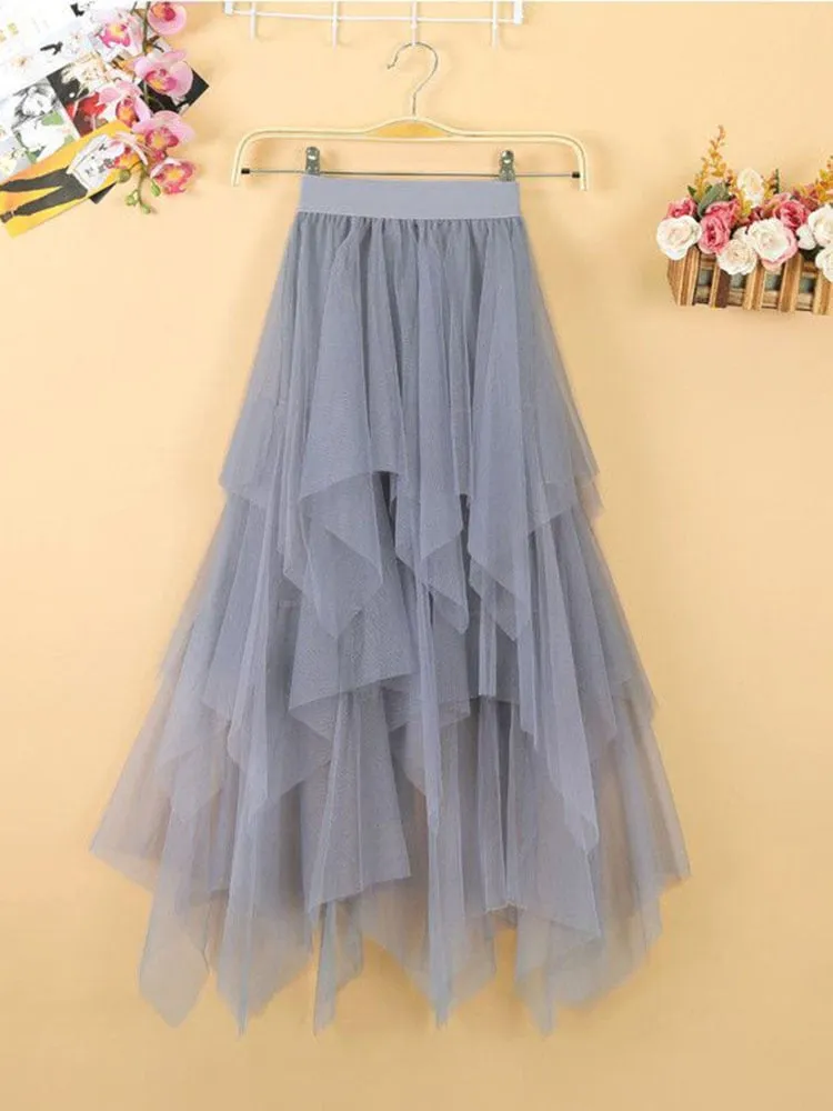 Elegant Women Ball Gown Tulle Skirt Spring Korean Elastic High Waist Mesh Long Skirt Summer Party Pink  Faldas