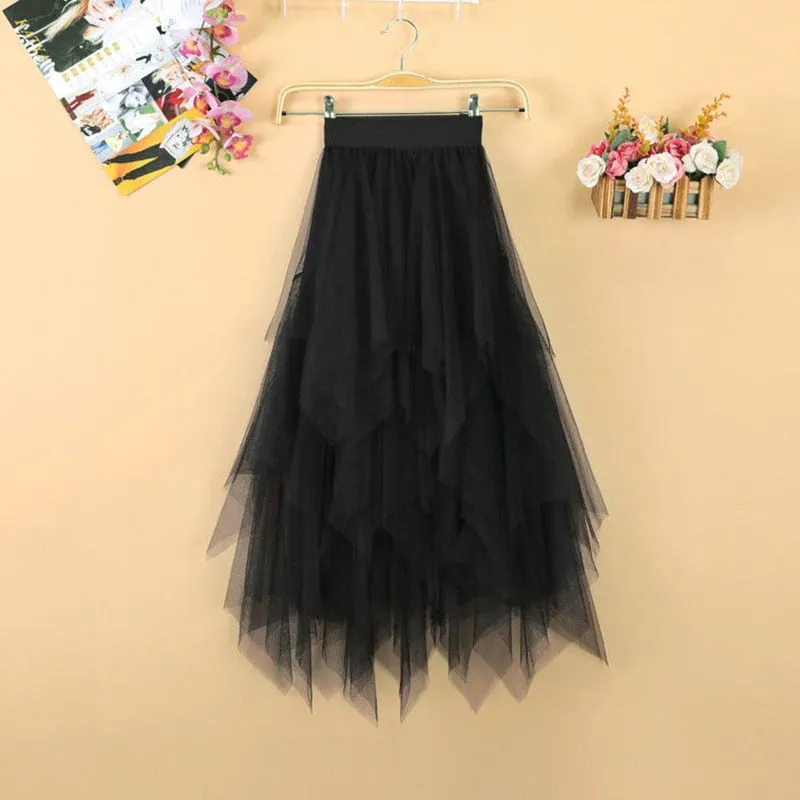 Elegant Women Ball Gown Tulle Skirt Spring Korean Elastic High Waist Mesh Long Skirt Summer Party Pink  Faldas