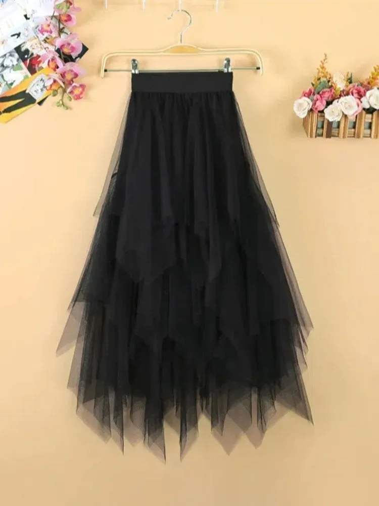 Elegant Women Ball Gown Tulle Skirt Spring Korean Elastic High Waist Mesh Long Skirt Summer Party Pink  Faldas