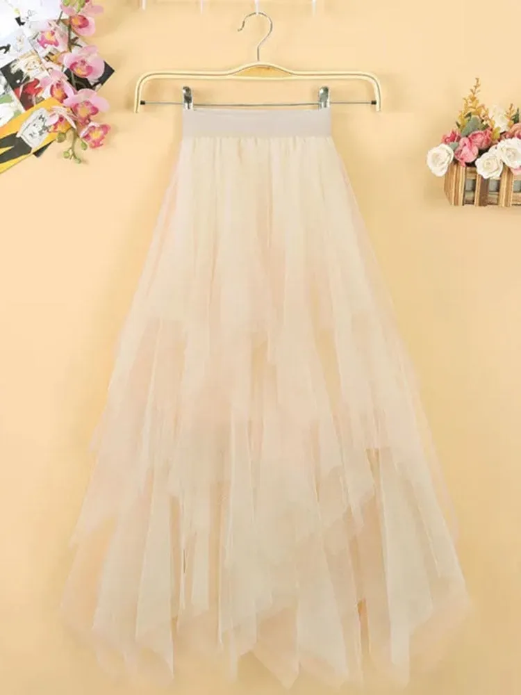 Elegant Women Ball Gown Tulle Skirt Spring Korean Elastic High Waist Mesh Long Skirt Summer Party Pink  Faldas