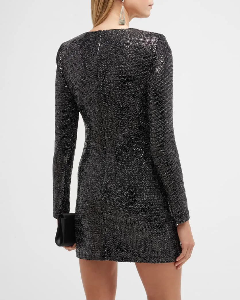 Esme Metallic Long-Sleeve Crossover Mini Dress - Black