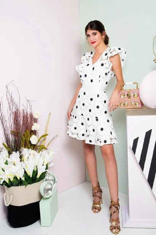 Exquisite bold sleeveless white lace ruffle sleeve polka embroidered cocktail dress- Ami