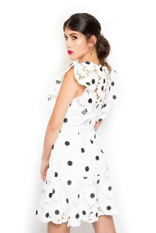 Exquisite bold sleeveless white lace ruffle sleeve polka embroidered cocktail dress- Ami