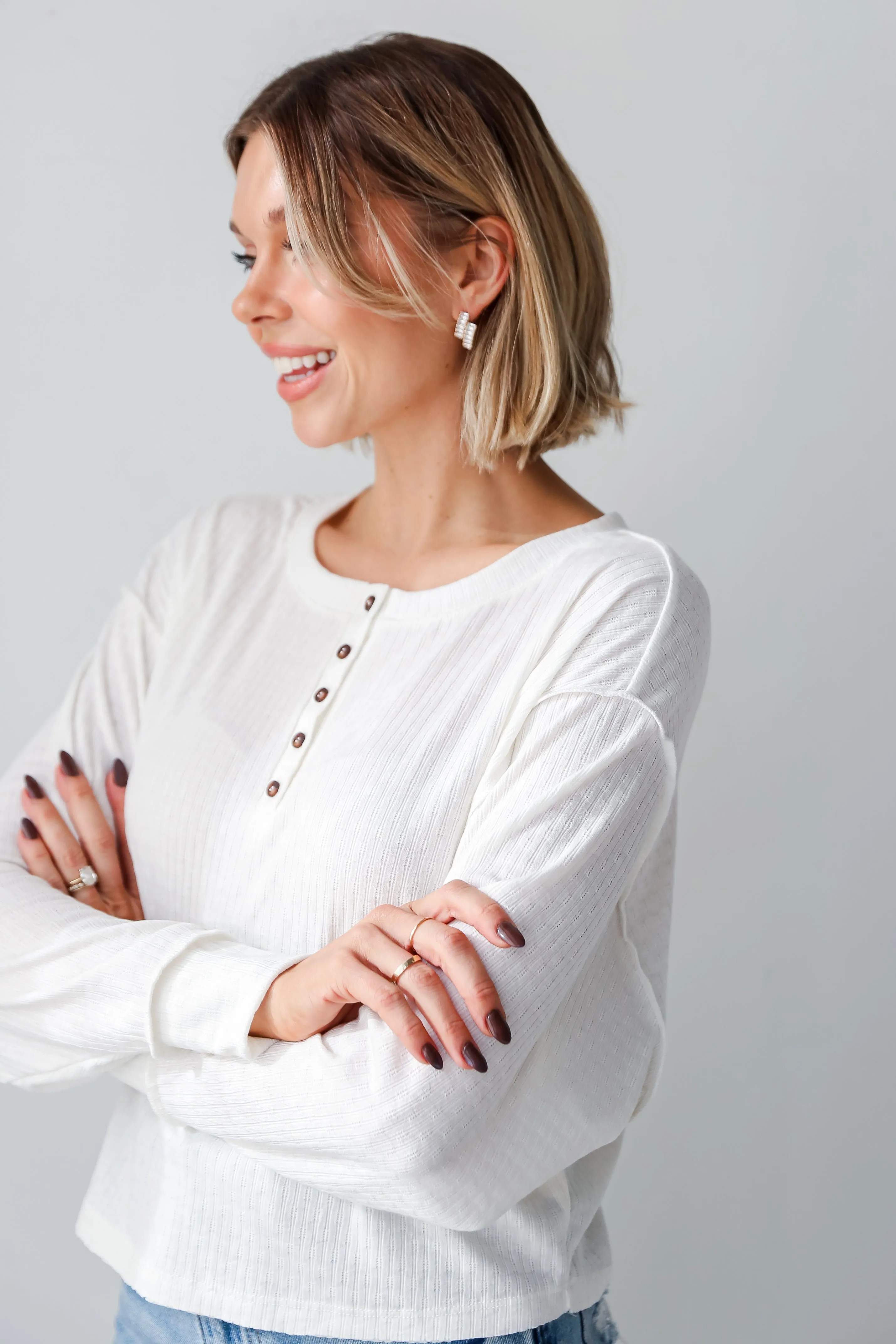 FINAL SALE - Amber White Henley Knit Top - DU DEAL