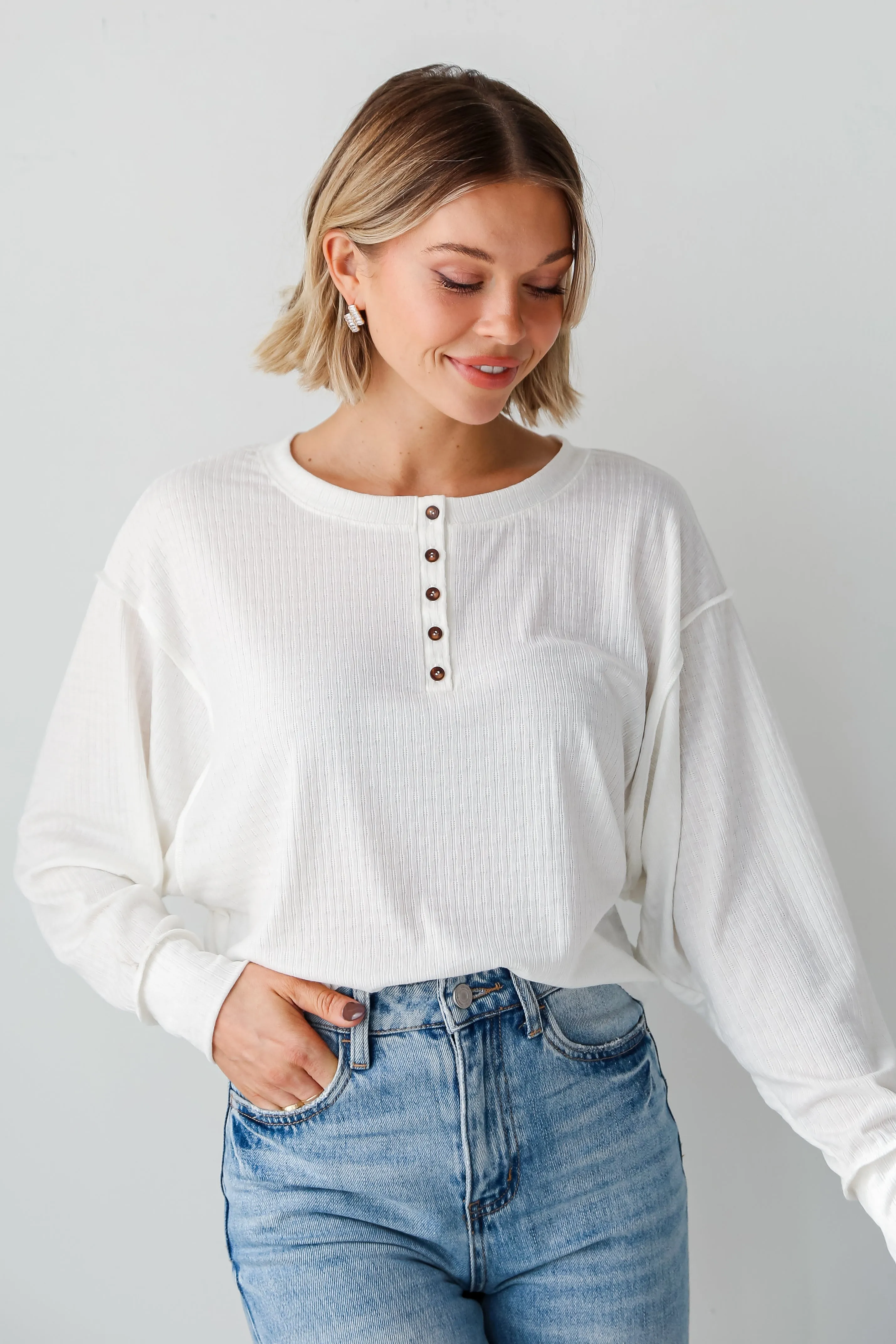 FINAL SALE - Amber White Henley Knit Top - DU DEAL