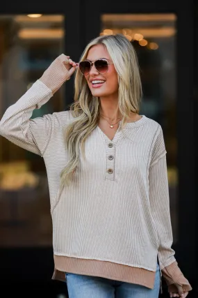 FINAL SALE - Easy Essential Taupe Striped Ribbed Knit Top