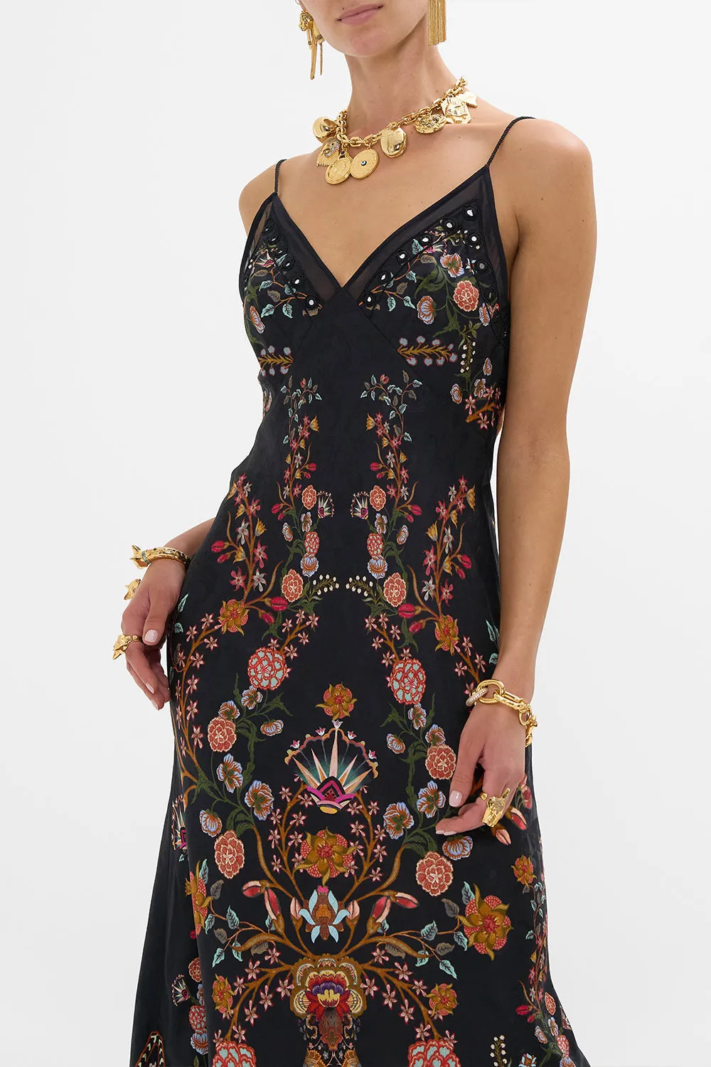 FLORAL JACQUARD FULL LENGTH BIAS SLIP DRESS LOOM TO TOMB