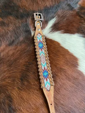 Genuine leather dog collar with white, teal, and burgundy navajo beaded inlay designa leather wrapped edge and copper hardware.