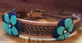 Genuine leather dog collar with with basket stamp tooling, and the teal and navy painted 3D flower accent