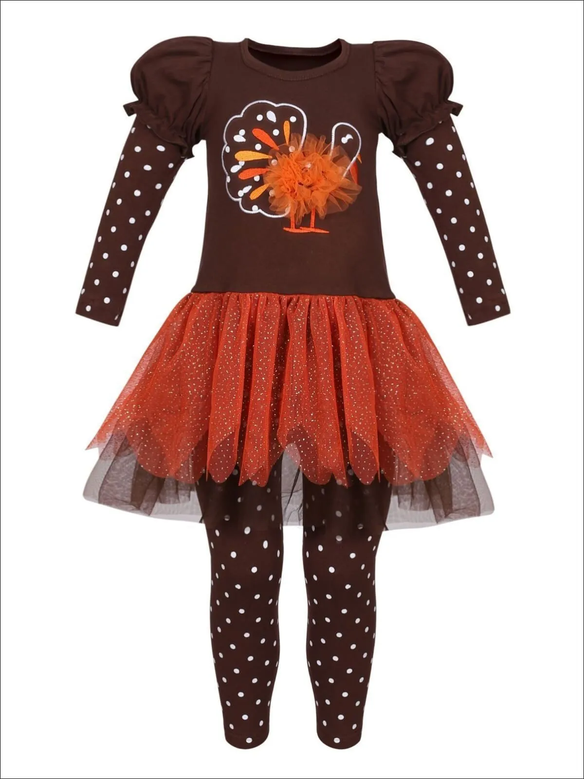 Girls Brown And Orange Puff Long Sleeve Turkey Tutu Tunic And Polka Dot Legging Set