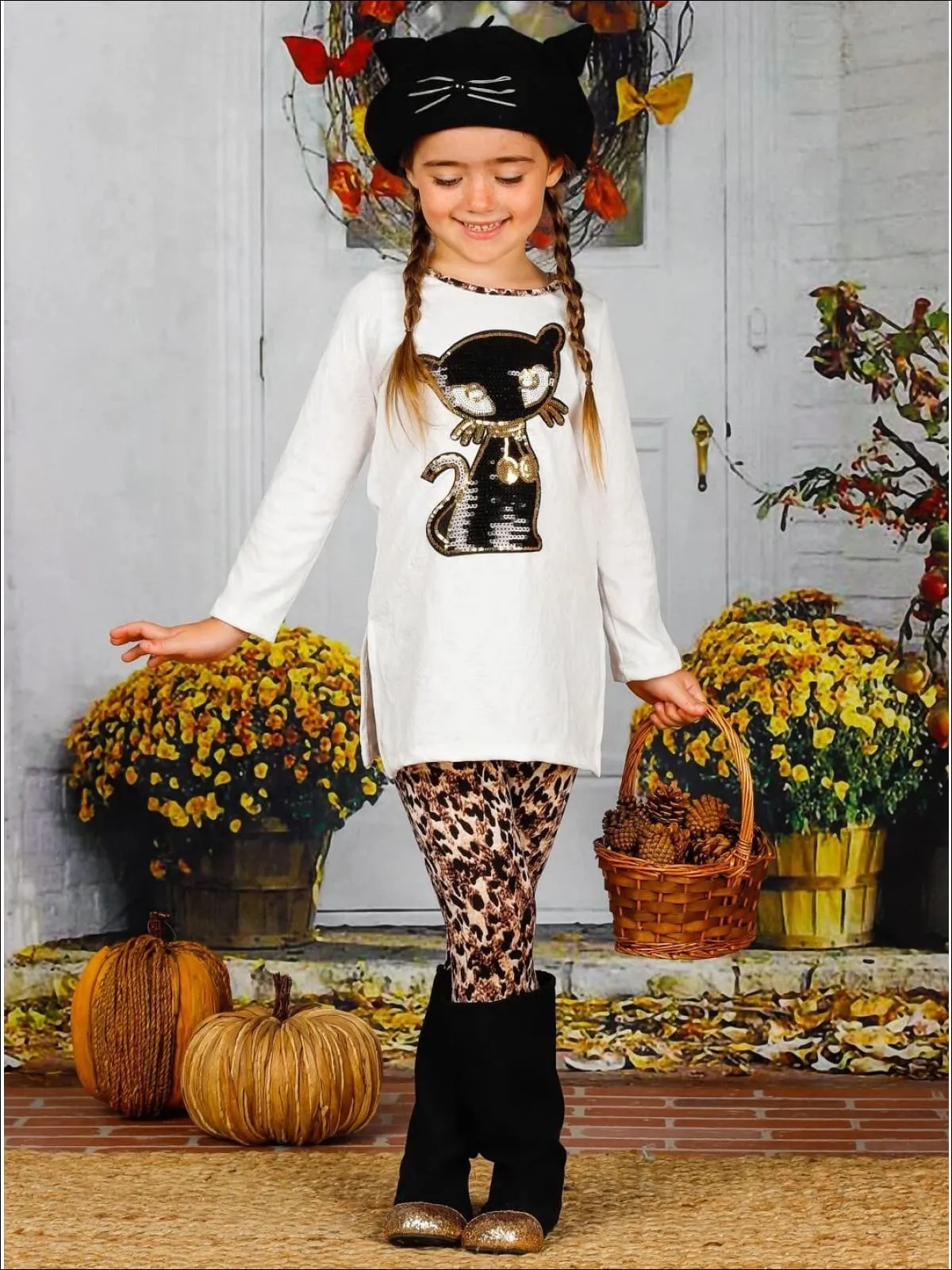 Girls Long Sleeve Sequin Cat Applique Tunic And Animal Print Legging Set