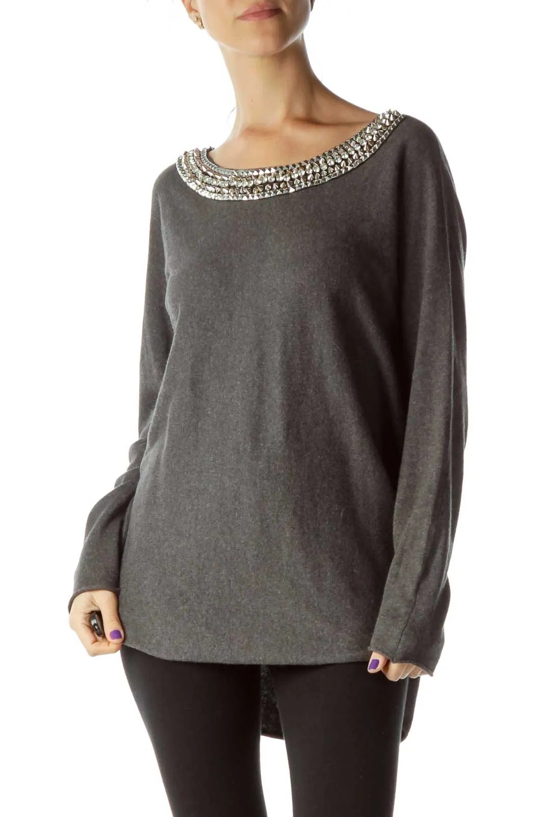 Gray Bejeweled Knit Top