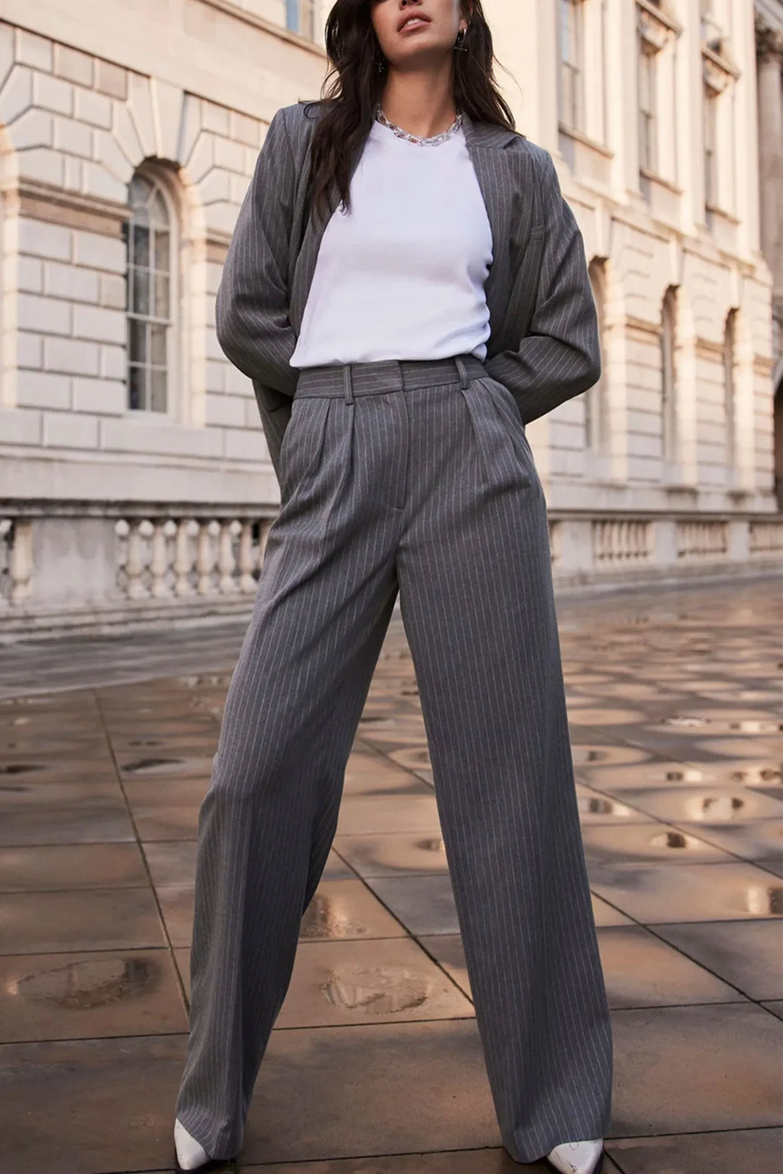 Grey Pinstripe Wide Trousers