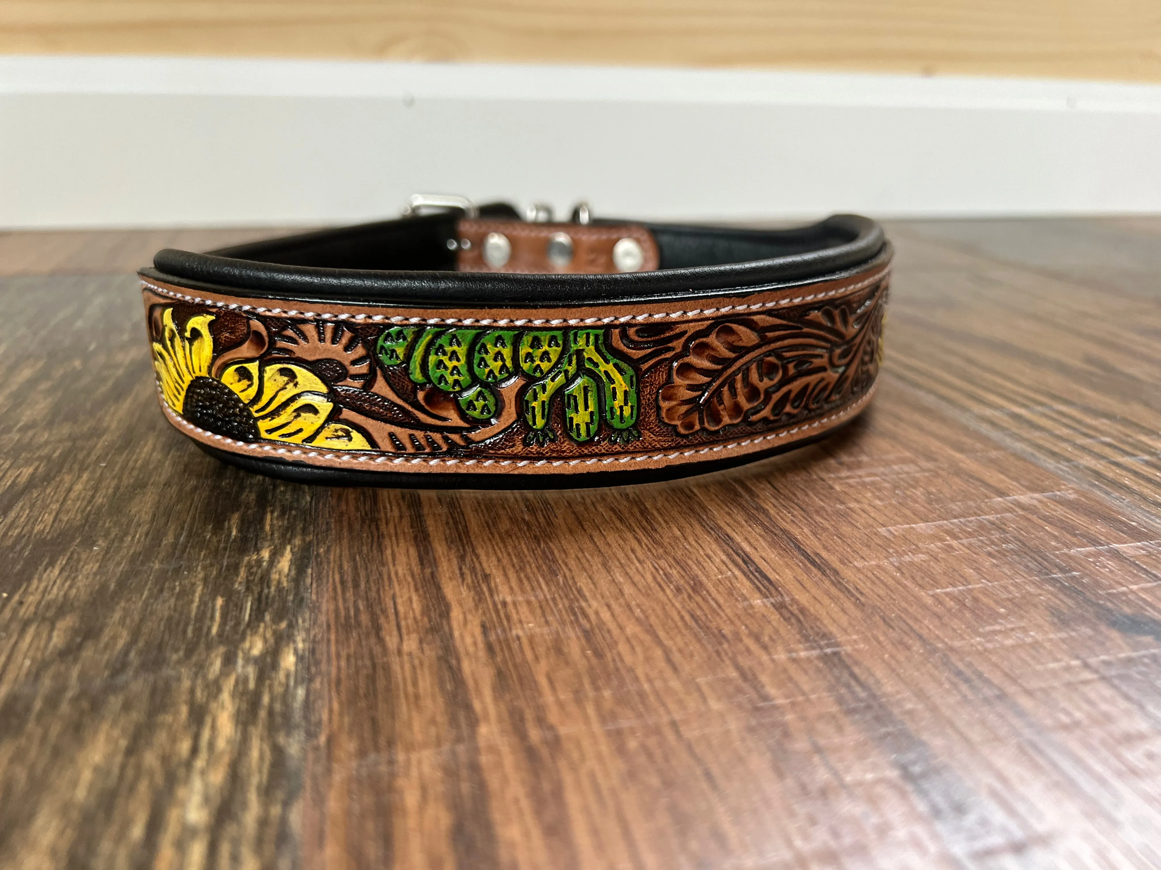 Handcrafted Padded Leather Tooled Dog Collar Sunflower Cactus