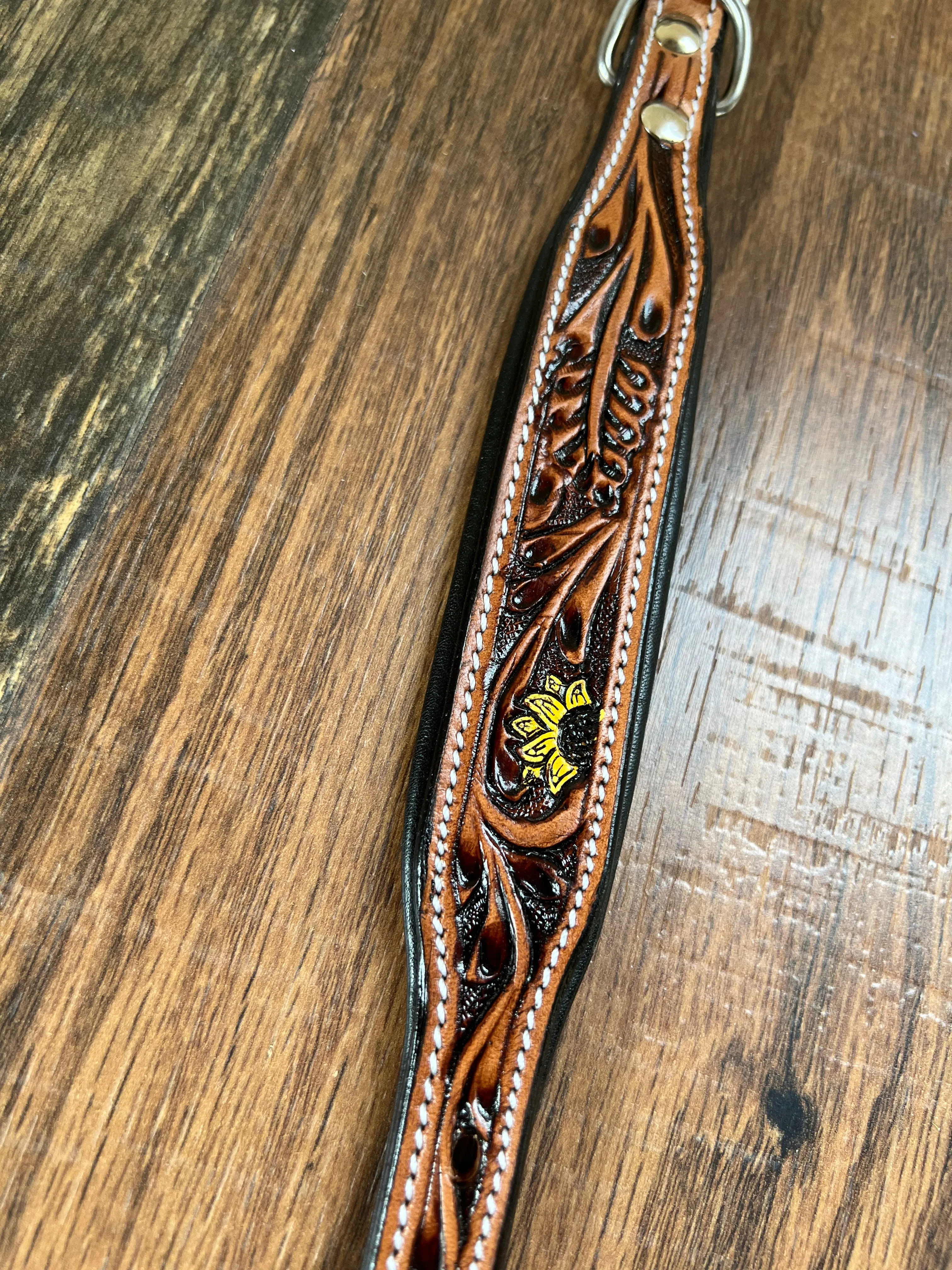 Handcrafted Padded Leather Tooled Dog Collar Sunflower Cactus