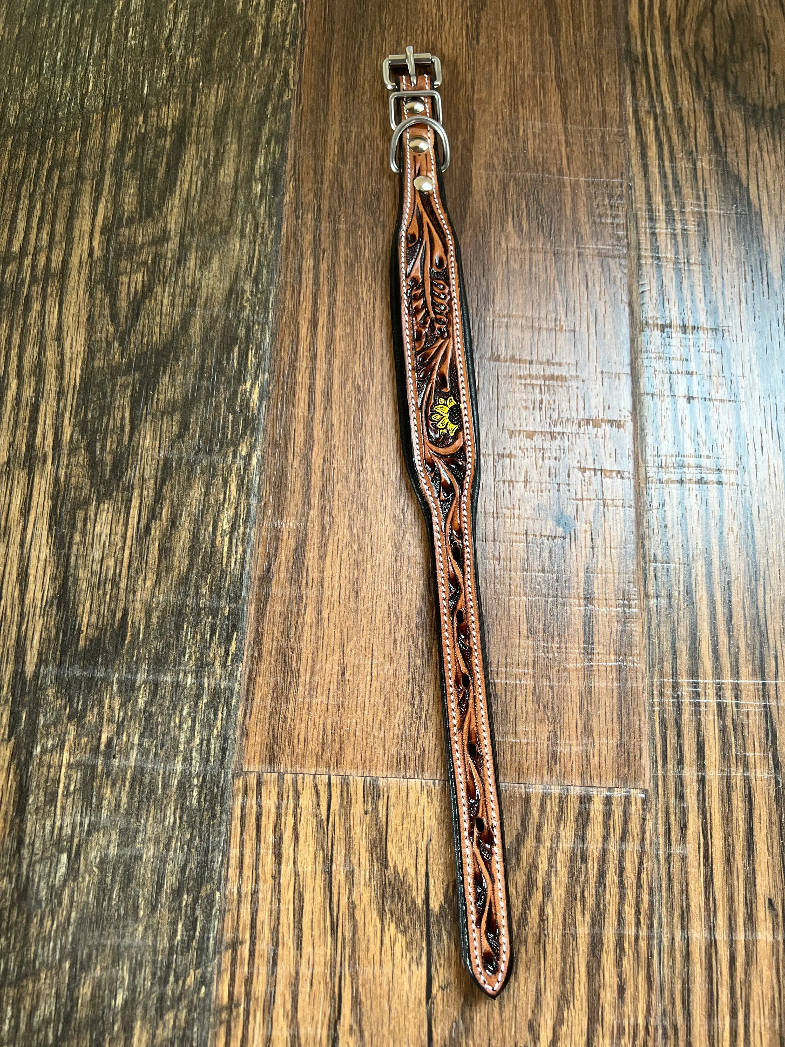 Handcrafted Padded Leather Tooled Dog Collar Sunflower Cactus