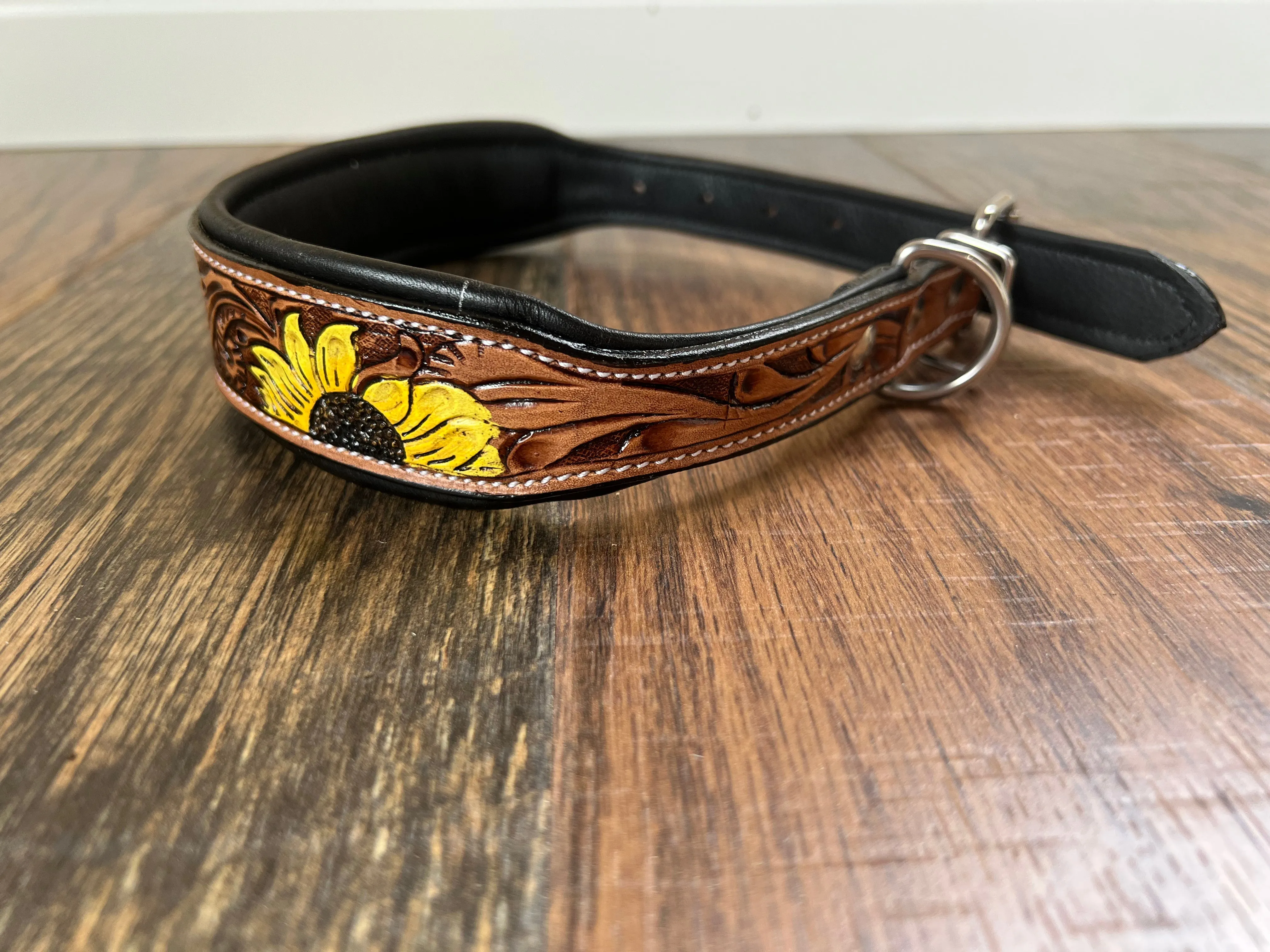 Handcrafted Padded Leather Tooled Dog Collar Sunflower Cactus