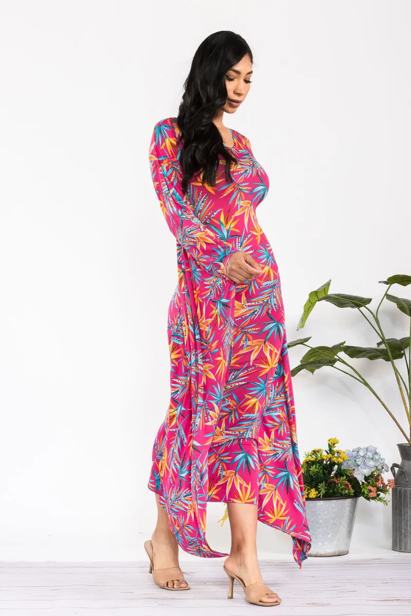 HH750R-FLWR - LONG SLEEVE DRAPE MAXI DRESS