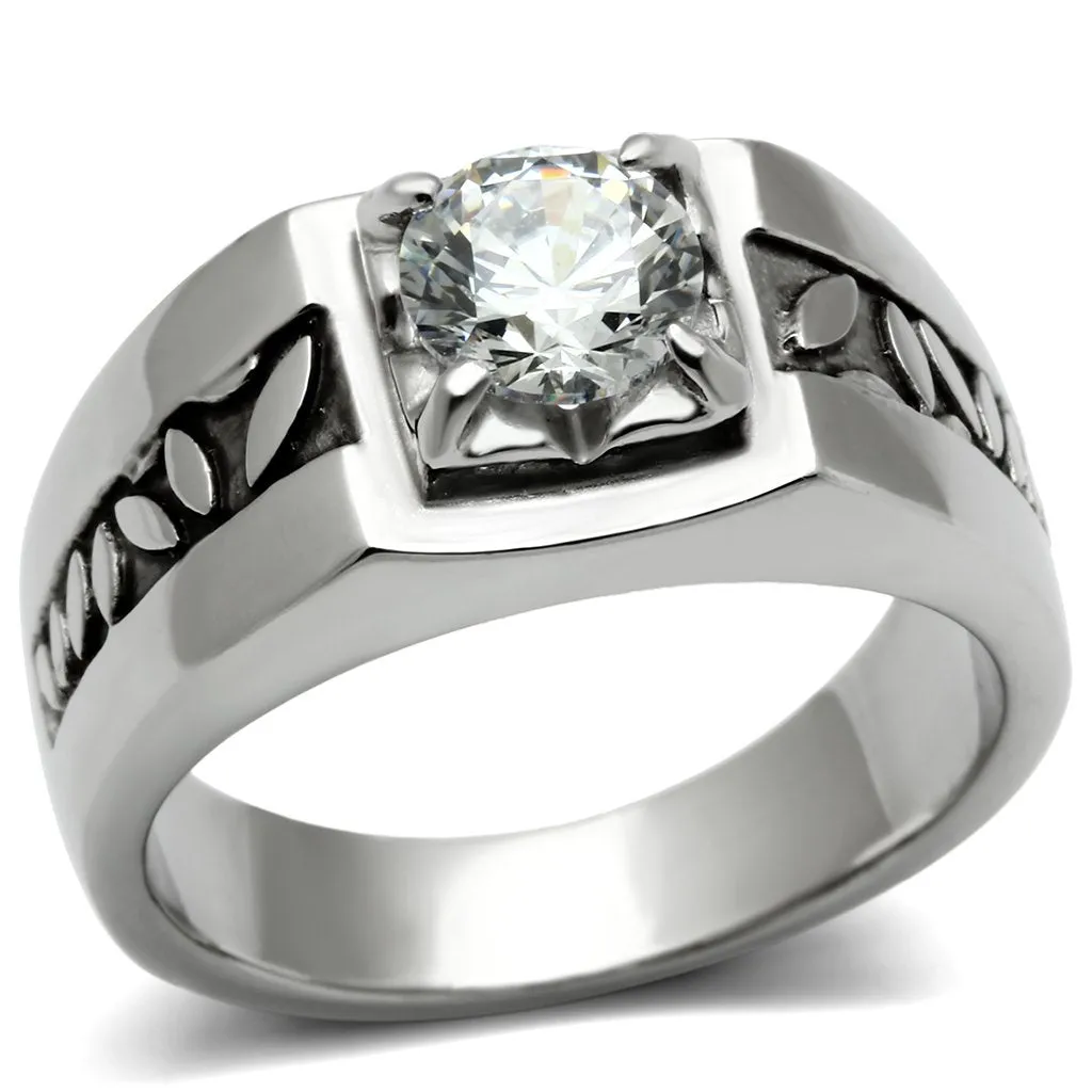 High polished (no plating) Stainless Steel Ring with AAA Grade CZ in Clear for Women Style TK356