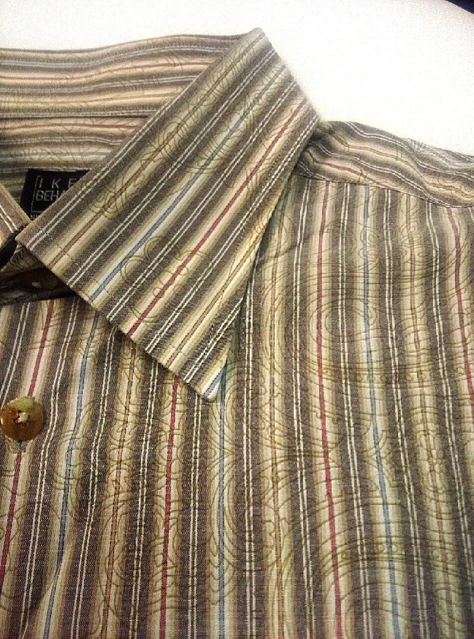 Ike Behar- Brown Stripe/Paisley 100% Cotton BU Dress Shirt- size L