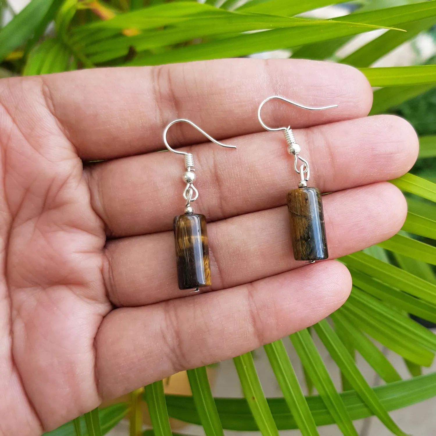 Imeora Tiger Eye Natural Stone Cylindrical Shape Earrings