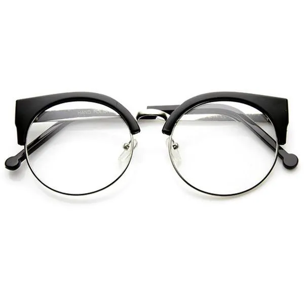 Indie Hipster Round Cat Eye Clear Lens Half Frame Glasses