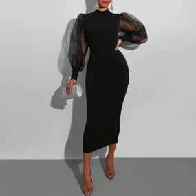 Julia Fashion - Mesh Puff Long Sleeve Bodycon Midi Dress