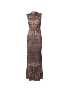 LANFUBEISI - Vintage Print Cutout Sleeveless Slim Maxi Dress