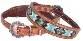 Leather Dog Collar With Cross Design Beaded Inlay