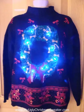 Light Up Ugly Christmas Sweater with Wreath Poinsettias