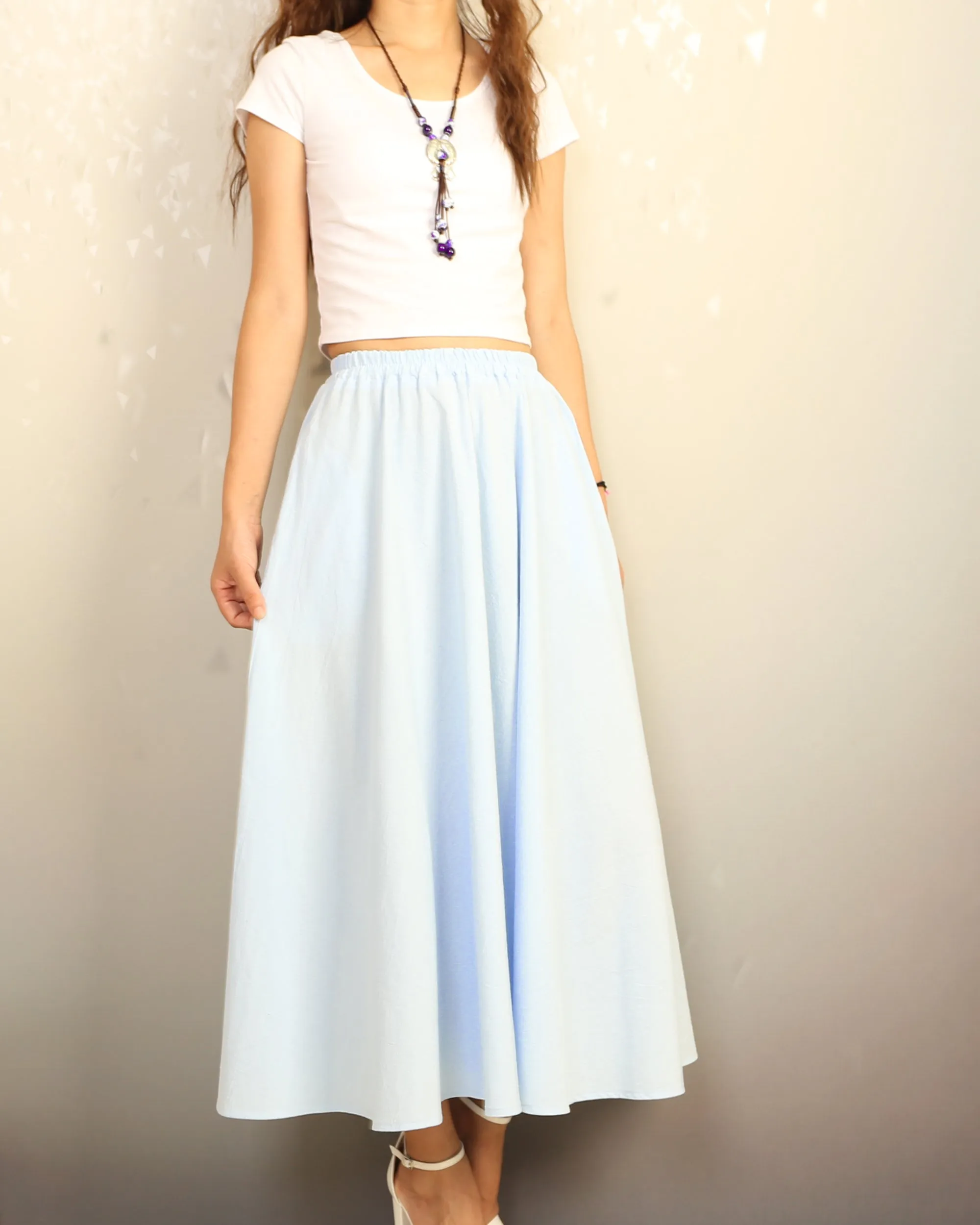 Linen skirt, Elastic waist skirt, Boho skirt with pockets, high waist skirt, flared skirt(Q1065)