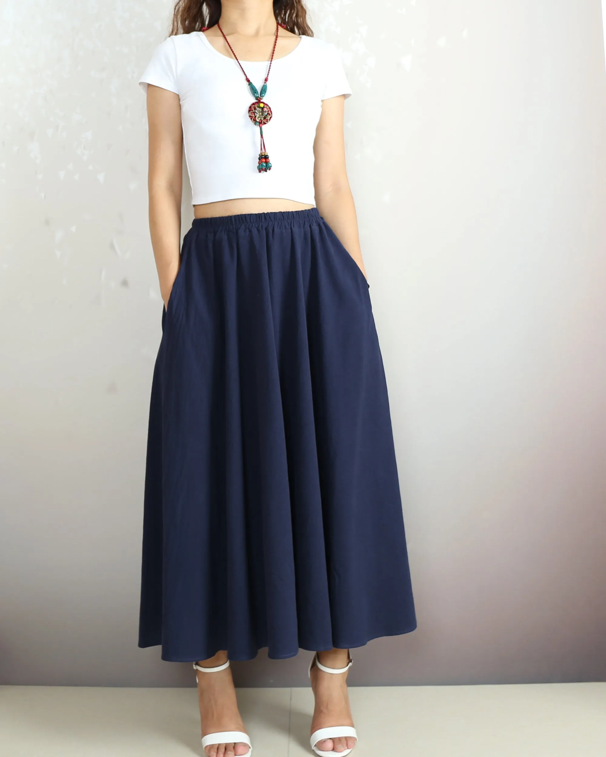 Linen skirt, Elastic waist skirt, Boho skirt with pockets, high waist skirt, flared skirt(Q1065)