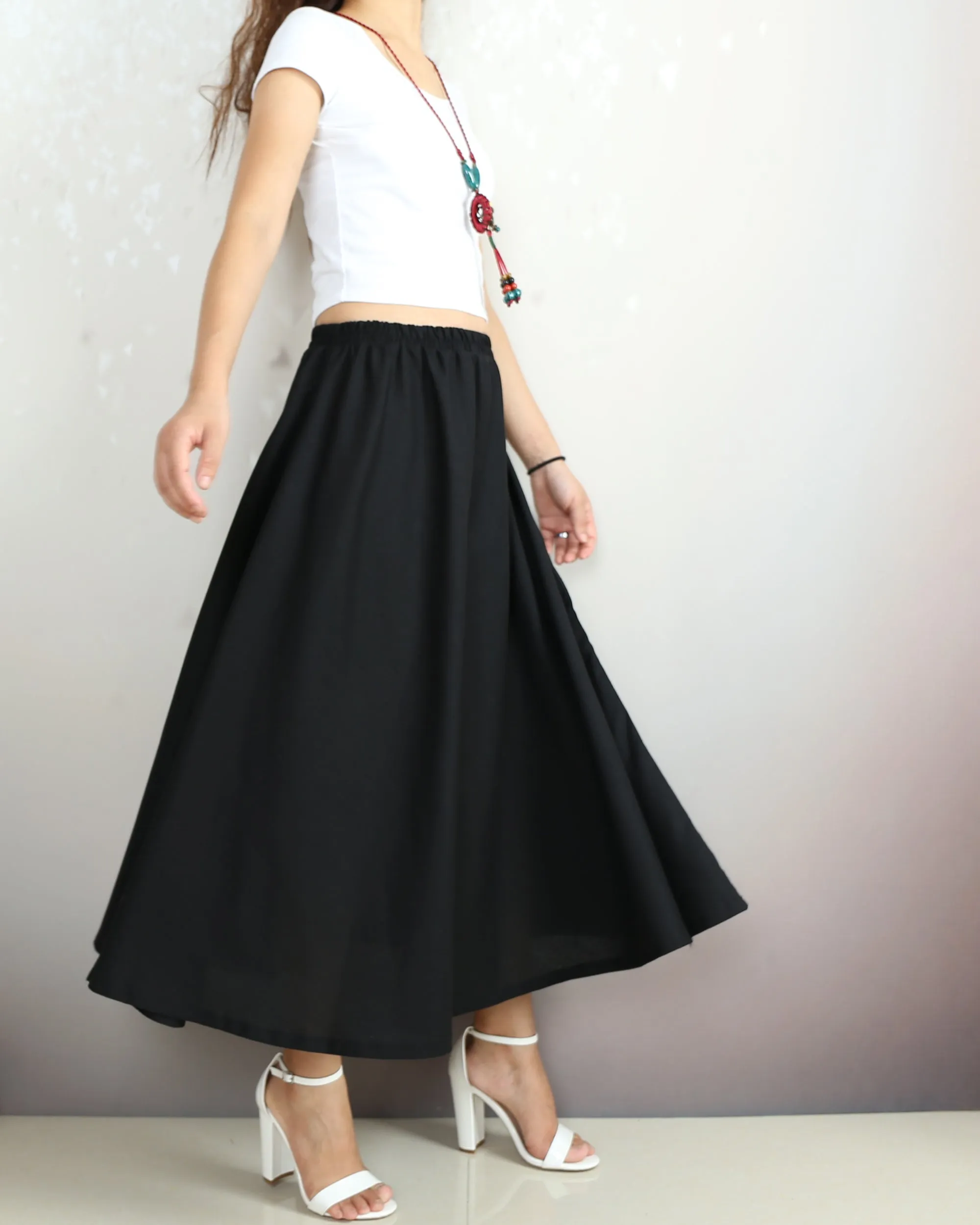 Linen skirt, Elastic waist skirt, Boho skirt with pockets, high waist skirt, flared skirt(Q1065)