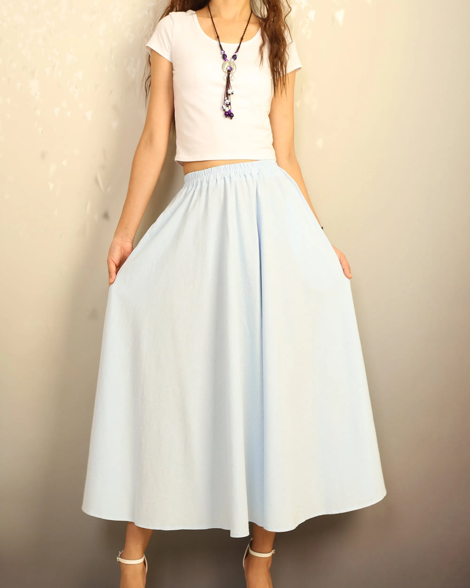 Linen skirt, Elastic waist skirt, Boho skirt with pockets, high waist skirt, flared skirt(Q1065)