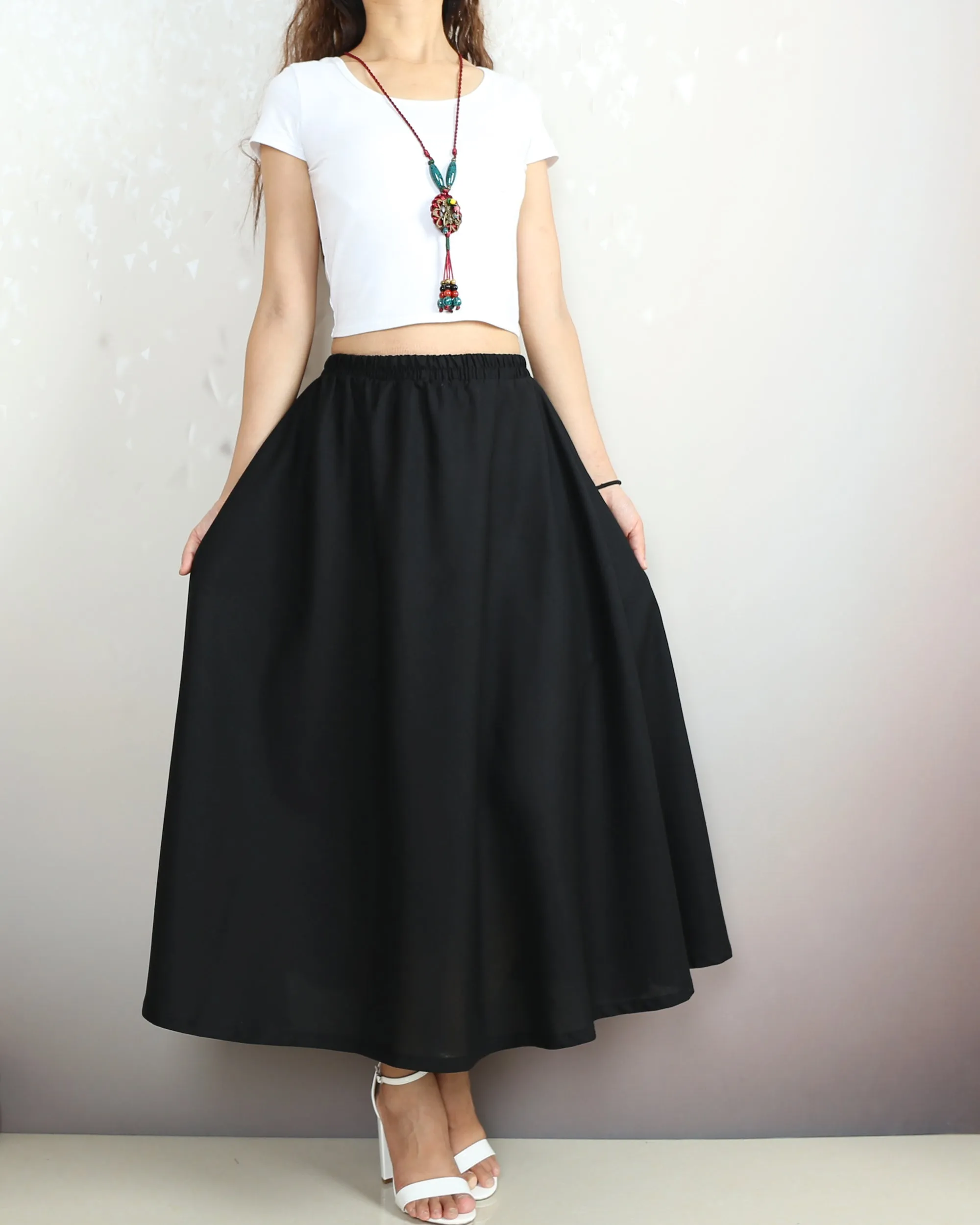 Linen skirt, Elastic waist skirt, Boho skirt with pockets, high waist skirt, flared skirt(Q1065)