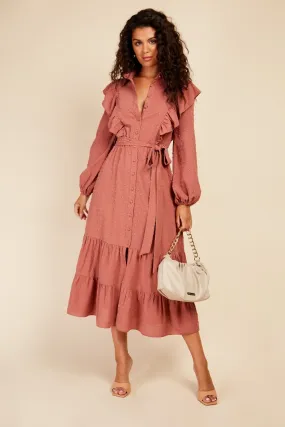 Little Mistress Coral Rose Dobby Spot Midaxi Shirt Dress