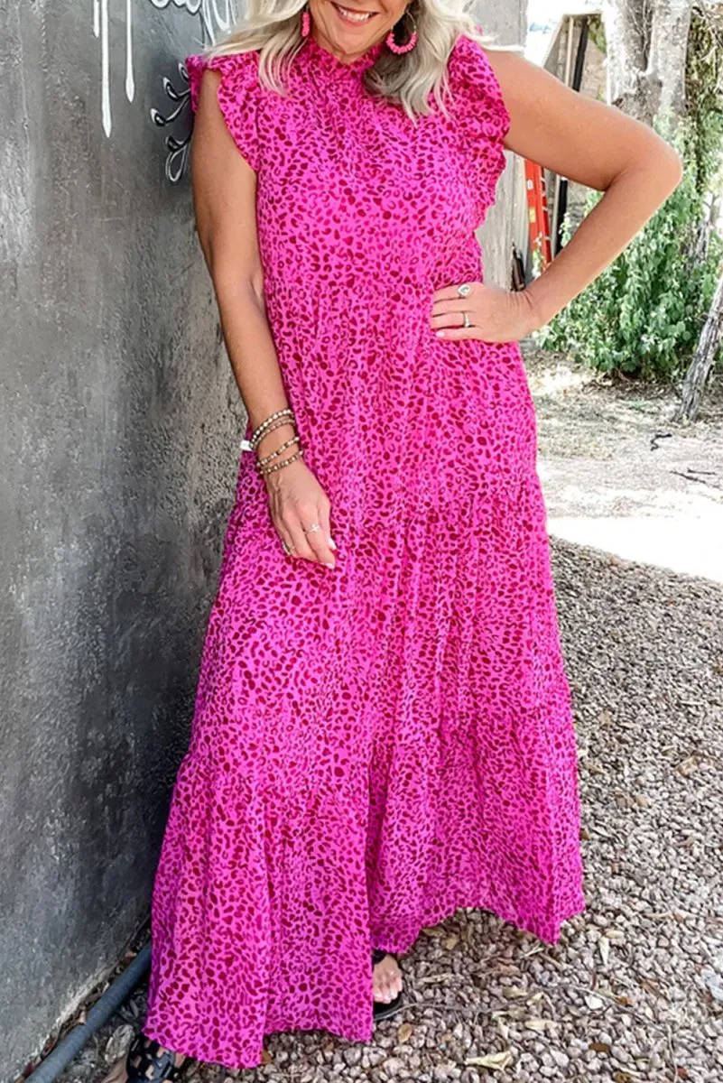 Long Ruffled Rose Pink Leopard Dress