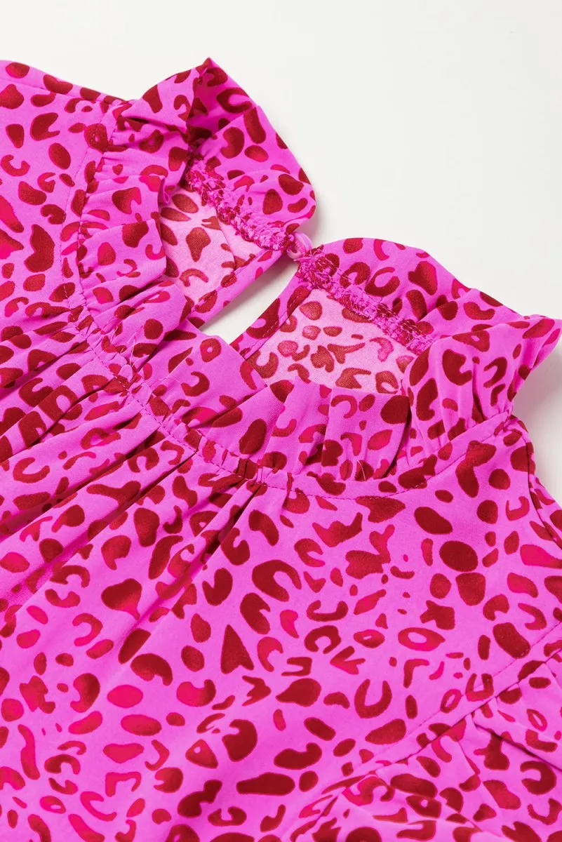 Long Ruffled Rose Pink Leopard Dress