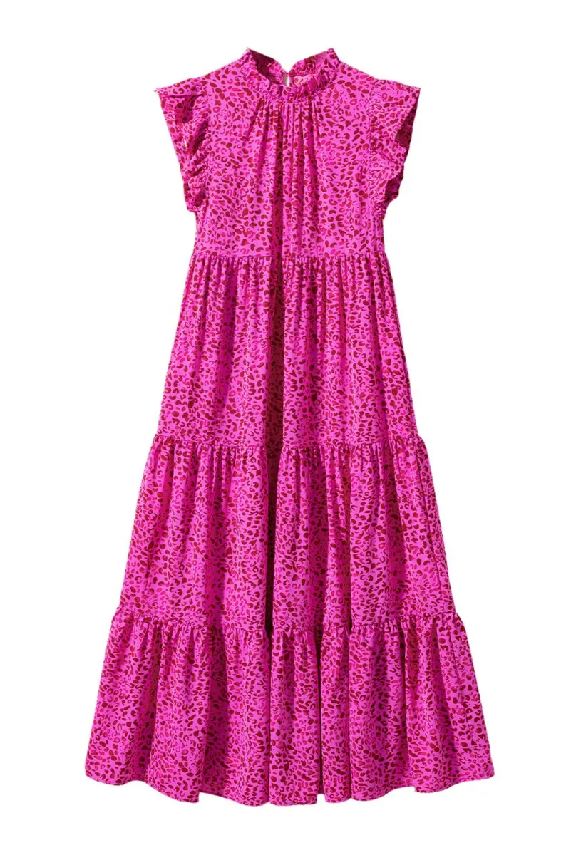 Long Ruffled Rose Pink Leopard Dress