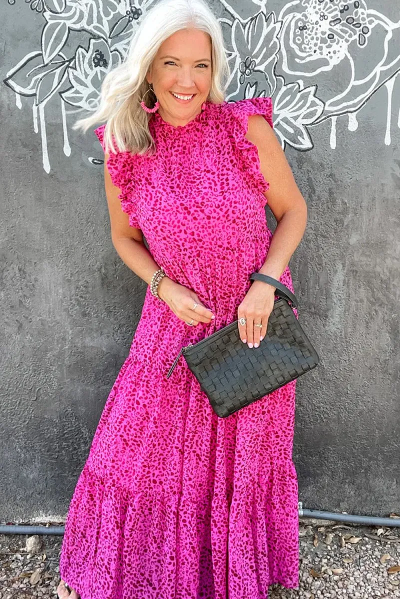 Long Ruffled Rose Pink Leopard Dress