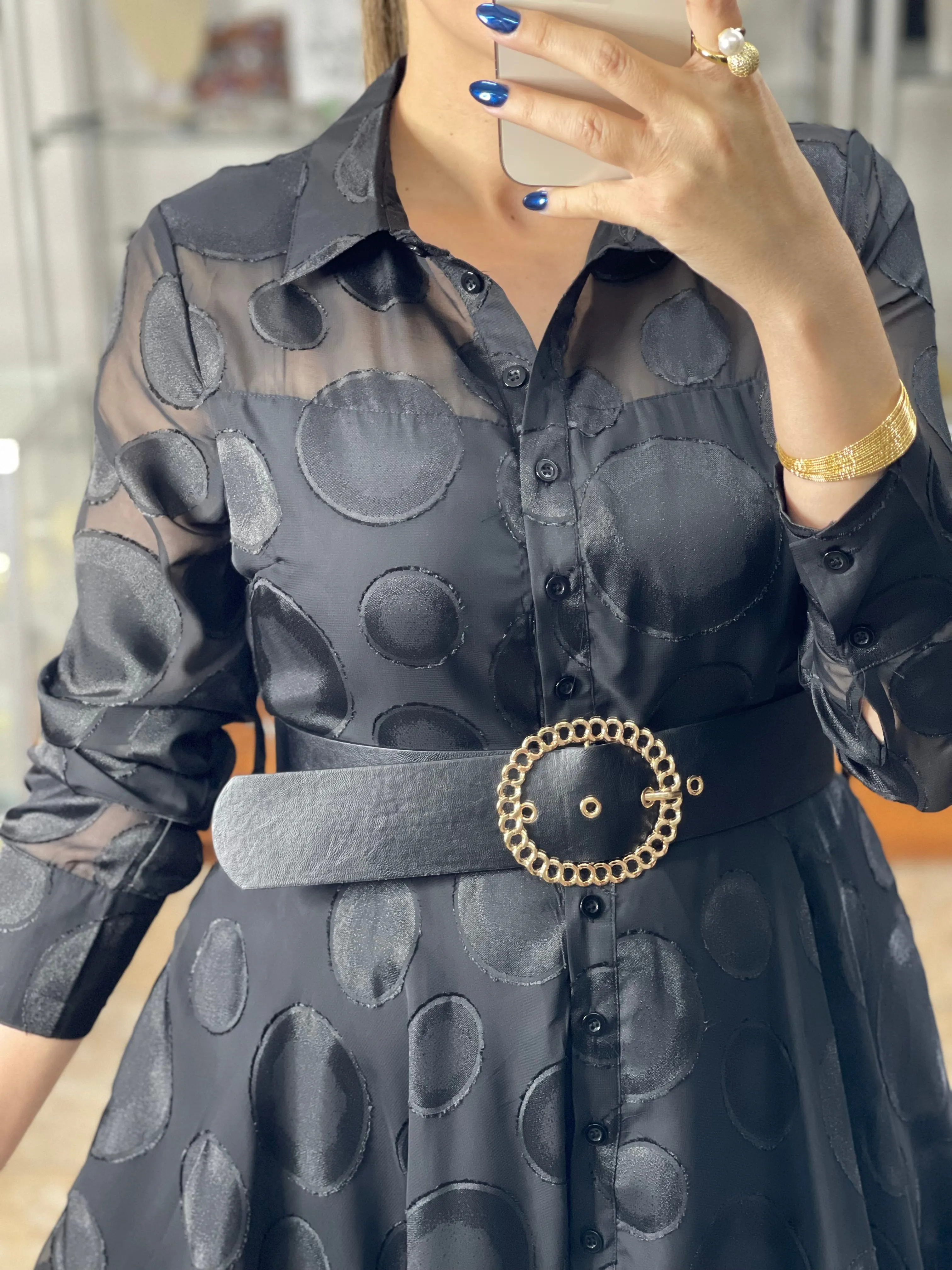 Long Sleeve Polka Belted Dress