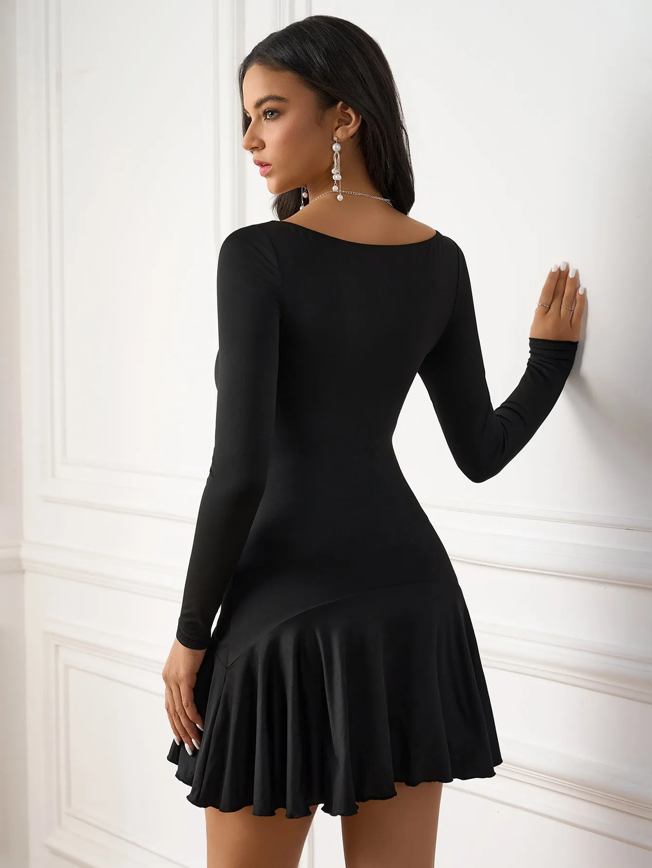 Long Sleeve Ruched Pleated Hem Mini Dress